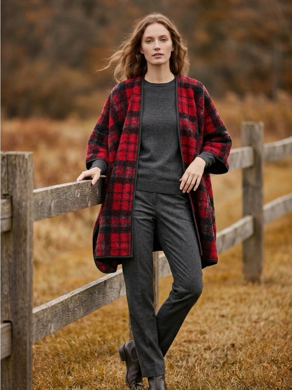 NWT Parasuco Women’s OSFA Black Red Plaid Sherpa Fleece Lined Poncho Cape
